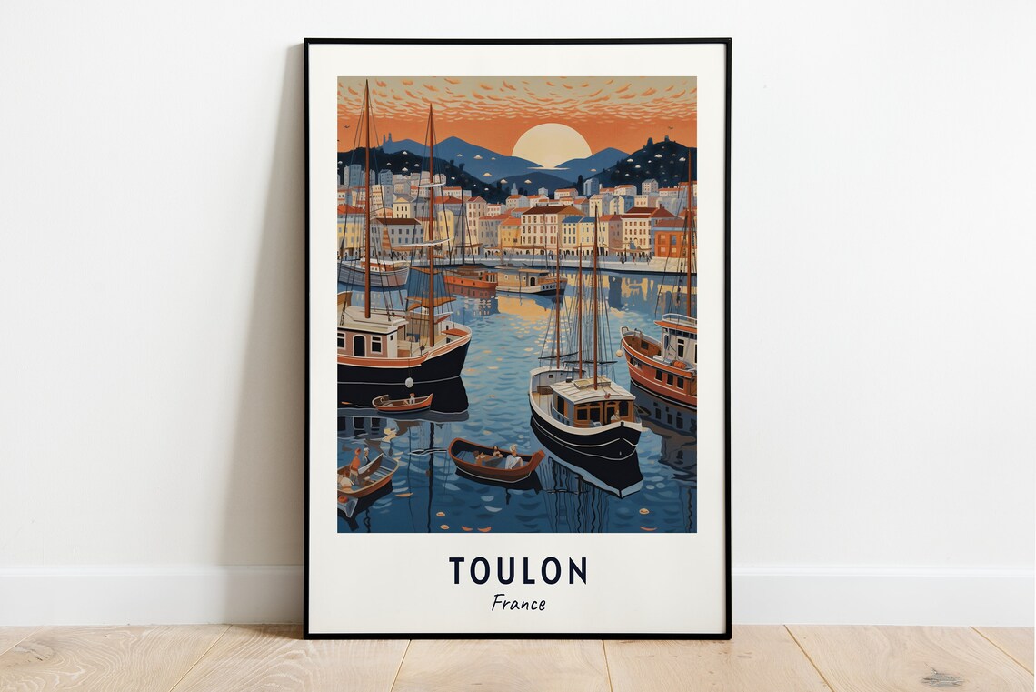 Toulon France Harbor Sunset Boats Vintage Travel Poster Home Decor
