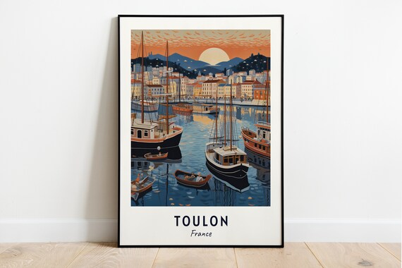 Toulon France Harbor Sunset Boats Vintage Travel Poster Home Decor