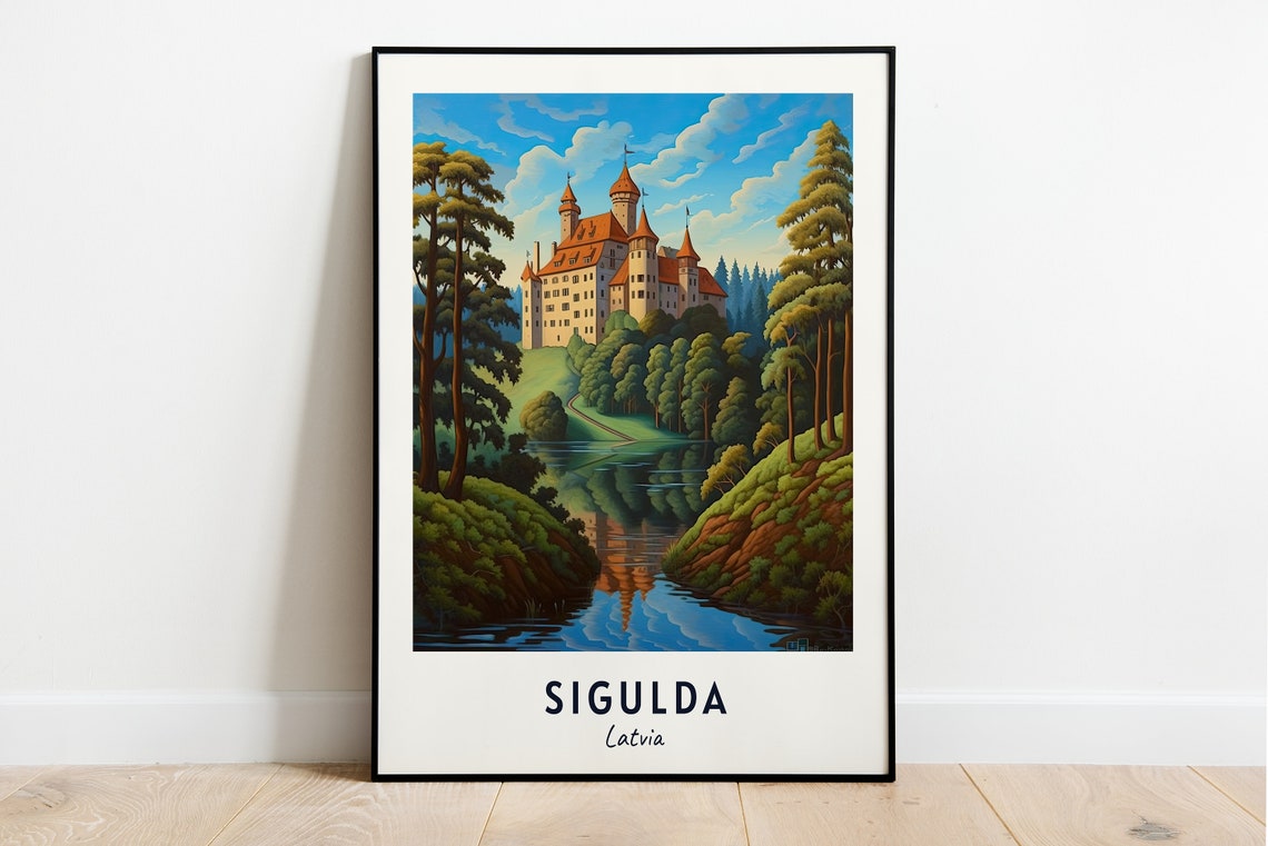 Sigulda Latvia Fairytale Castle Pines River Reflection Art Poster