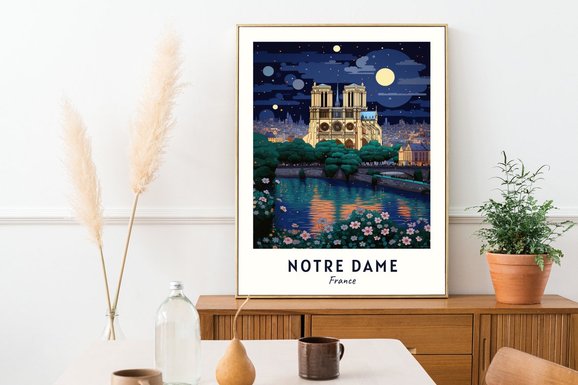 Notre Dame France Cathedral Moonlit Night Seine River Poster - Image 2