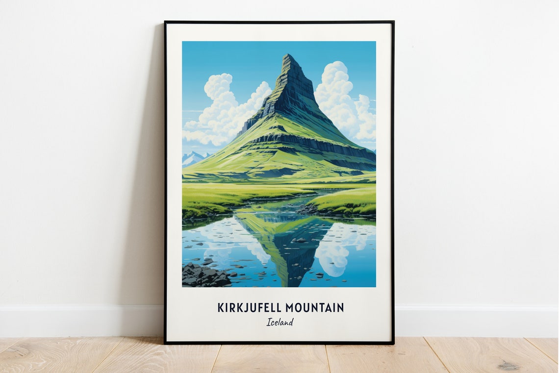 Kirkjufell Mountain Iceland Reflection Vintage Travel Poster