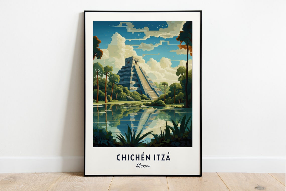 Chichen Itza Mexico Kukulkan Pyramid Jungle Reflection Travel Poster