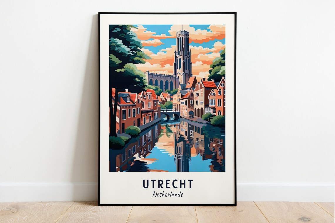 Utrecht Netherlands Dom Tower Canal Sunset Reflection Travel Poster