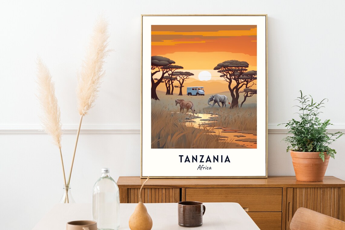Tanzania Africa Safari Sunset Elephant Giraffe Savanna Poster - Image 2