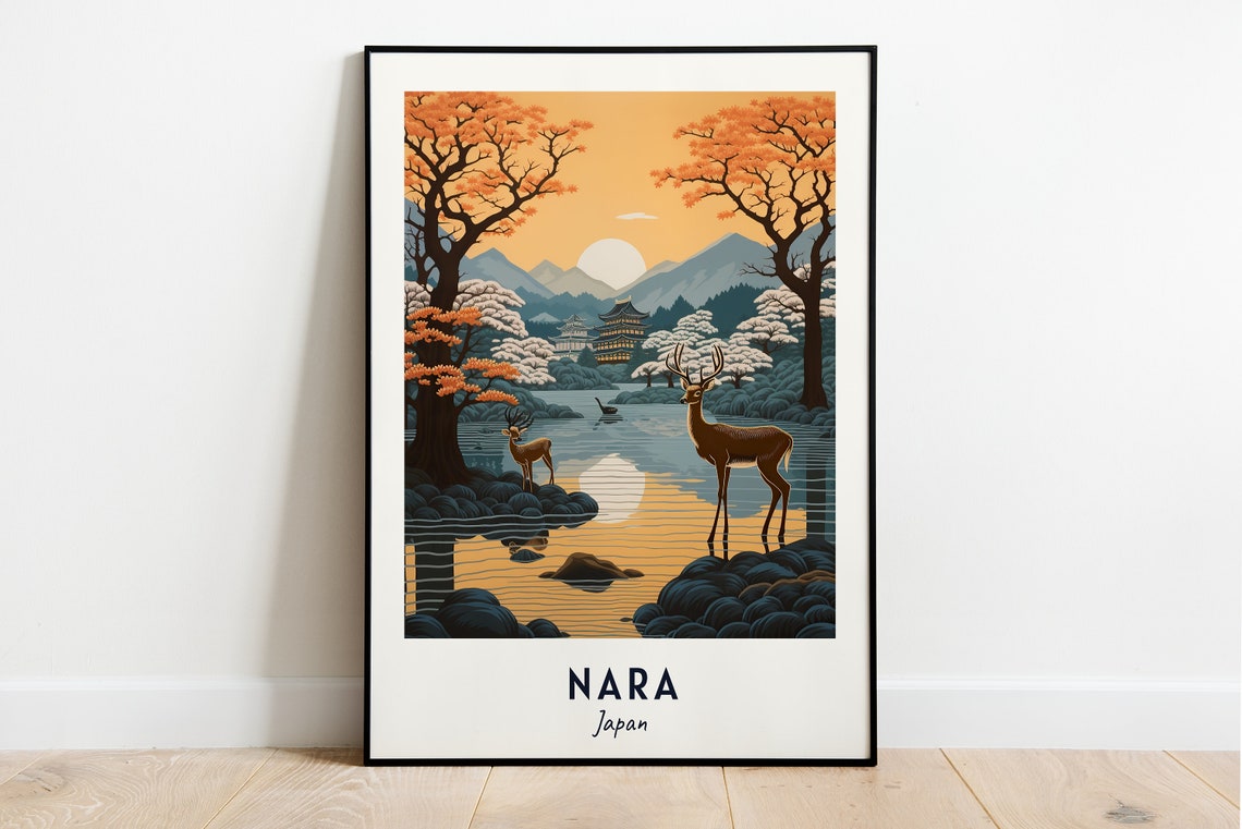 Nara Japan Sacred Deer Sunset Temple Lake Autumn Tranquil Poster