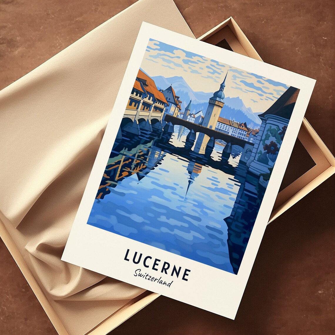Lucerne Switzerland Chapel Bridge Water Tower Reuss Travel Poster - Image 3