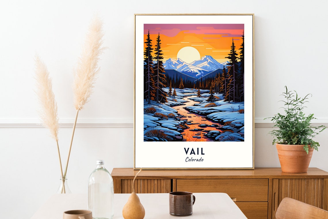 Vail Colorado Snowy Mountain Stream Sunset Winter Travel Poster - Image 2