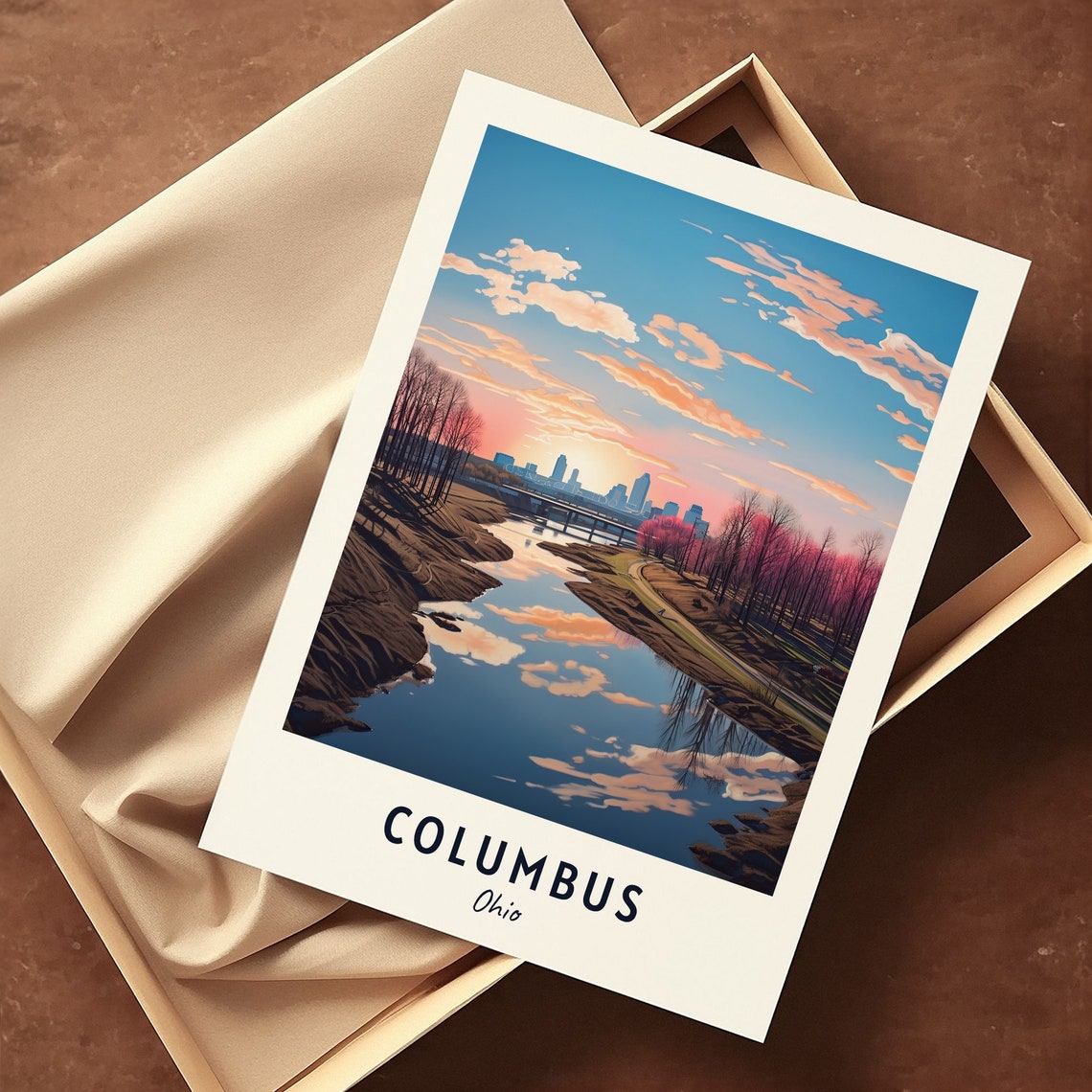 Columbus Ohio River Reflection Skyline Pink Sunset Travel Poster - Image 3
