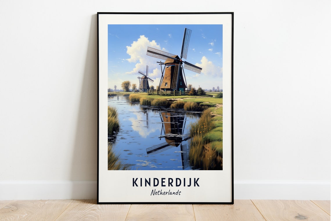 Kinderdijk Netherlands Windmills Canal Reflection Travel Poster