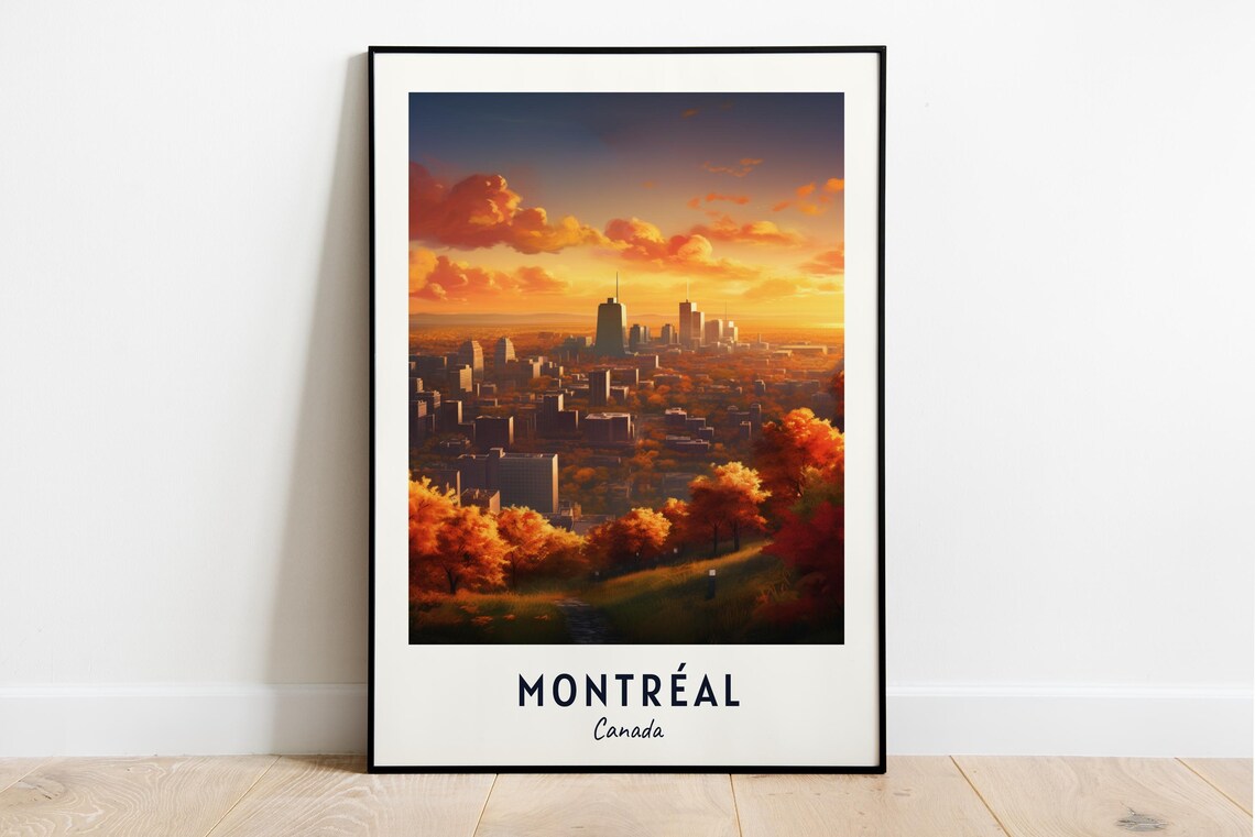 Montréal Canada Sunset Skyline Autumn Hills View Travel Poster