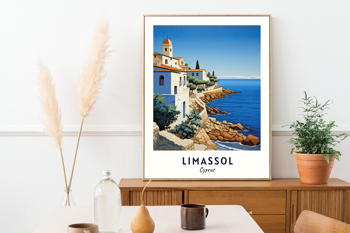 Limassol Cyprus Cliffside Chapel Rocky Mediterranean Shore Travel Poster - Image 2