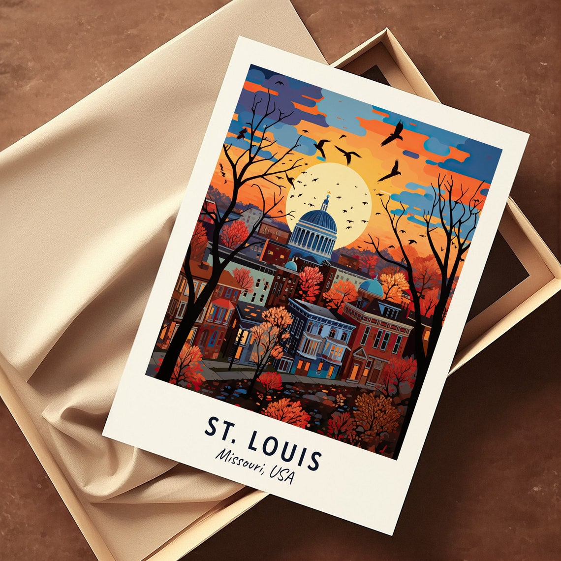 St Louis Missouri Autumn Sunset Cityscape Birds Scene Poster - Image 3