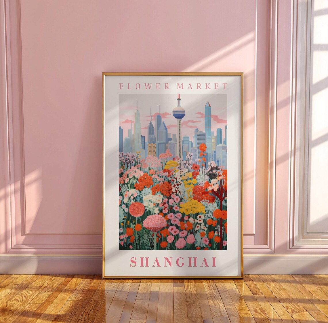 Shanghai China Flower Market Pearl Tower Pink Blossom Travel Poster - Image 3