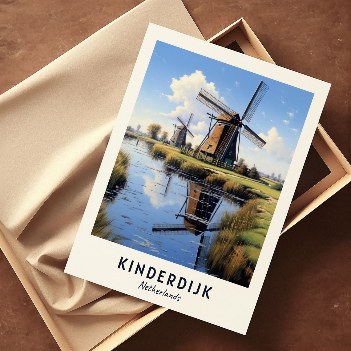 Kinderdijk Netherlands Windmills Canal Reflection Travel Poster - Image 3