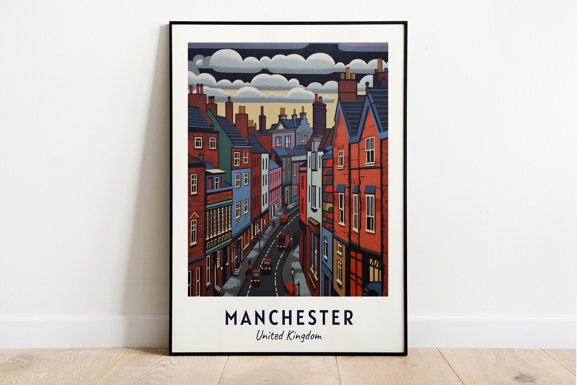Manchester United Kingdom Brick Street Dusk Clouds Travel Poster