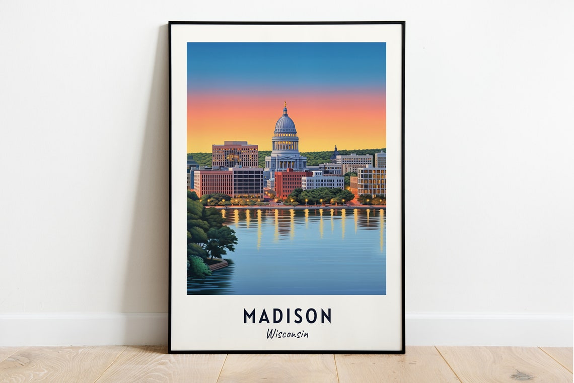 Madison Capitol Dome at Sunset Over the Lake Wisconsin Travel Poster
