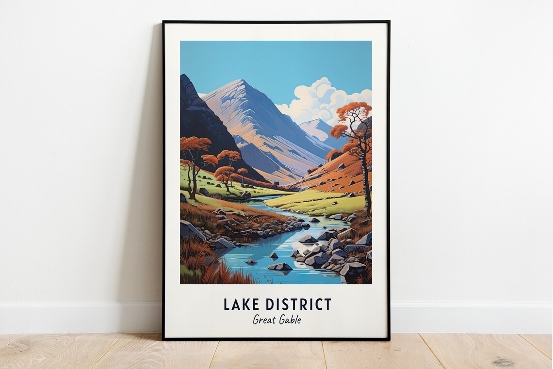 Great Gable Lake District Autumn Valley Stream Vintage Travel Poster