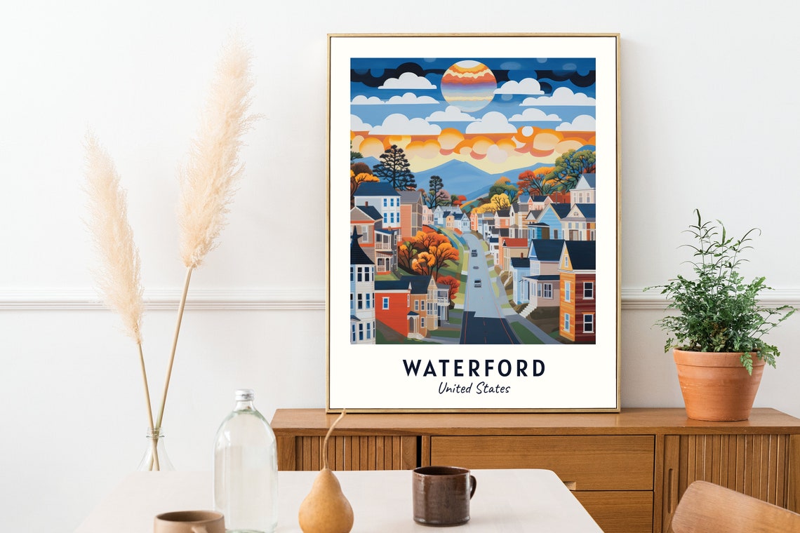 Waterford Sunset Hillside Town Street Colorful Homes Travel Poster - Image 2