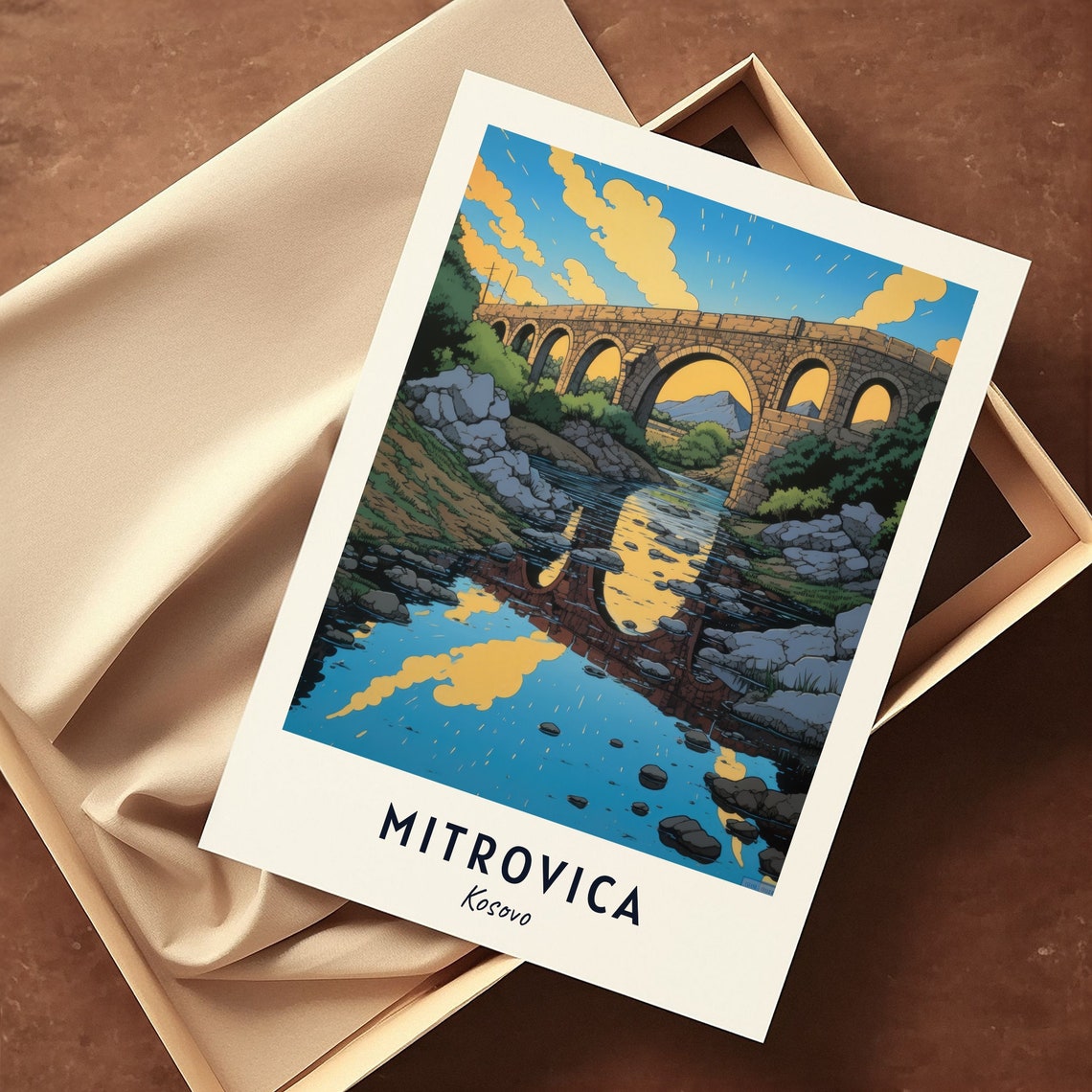 Mitrovica Kosovo Stone Arch Bridge Reflected In Calm River Poster - Image 3