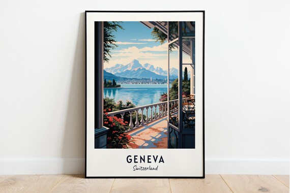 Geneva Switzerland Lake Terrace Mountain View Scenic Travel Poster