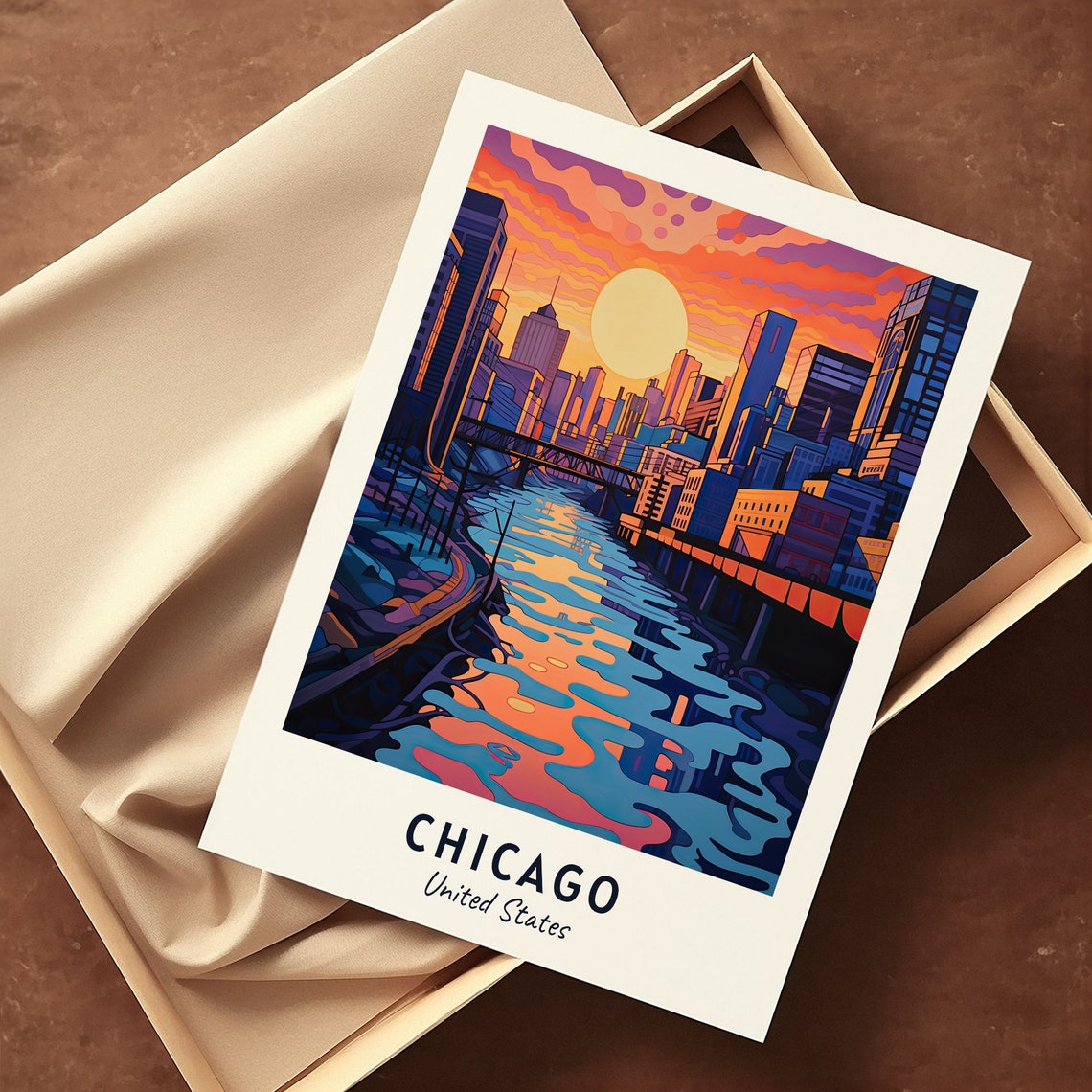 Chicago River Downtown Skyline Sunset Reflection Urban Travel Poster - Image 3