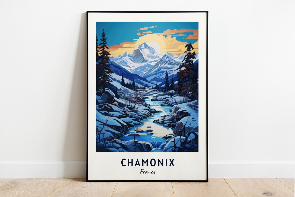 Chamonix France Snowy Peaks Frozen Stream Sunrise Pines Travel Poster