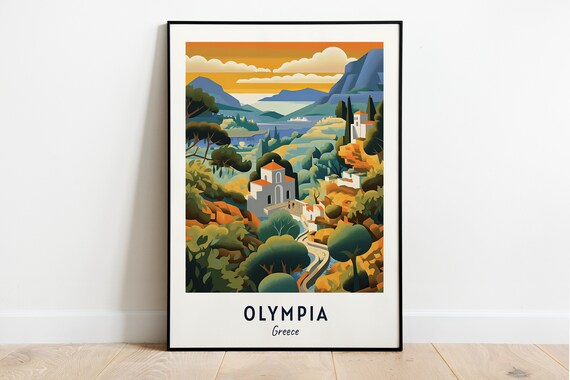 Hillside Village at Golden Sunset Olympia Greece Travel Poster