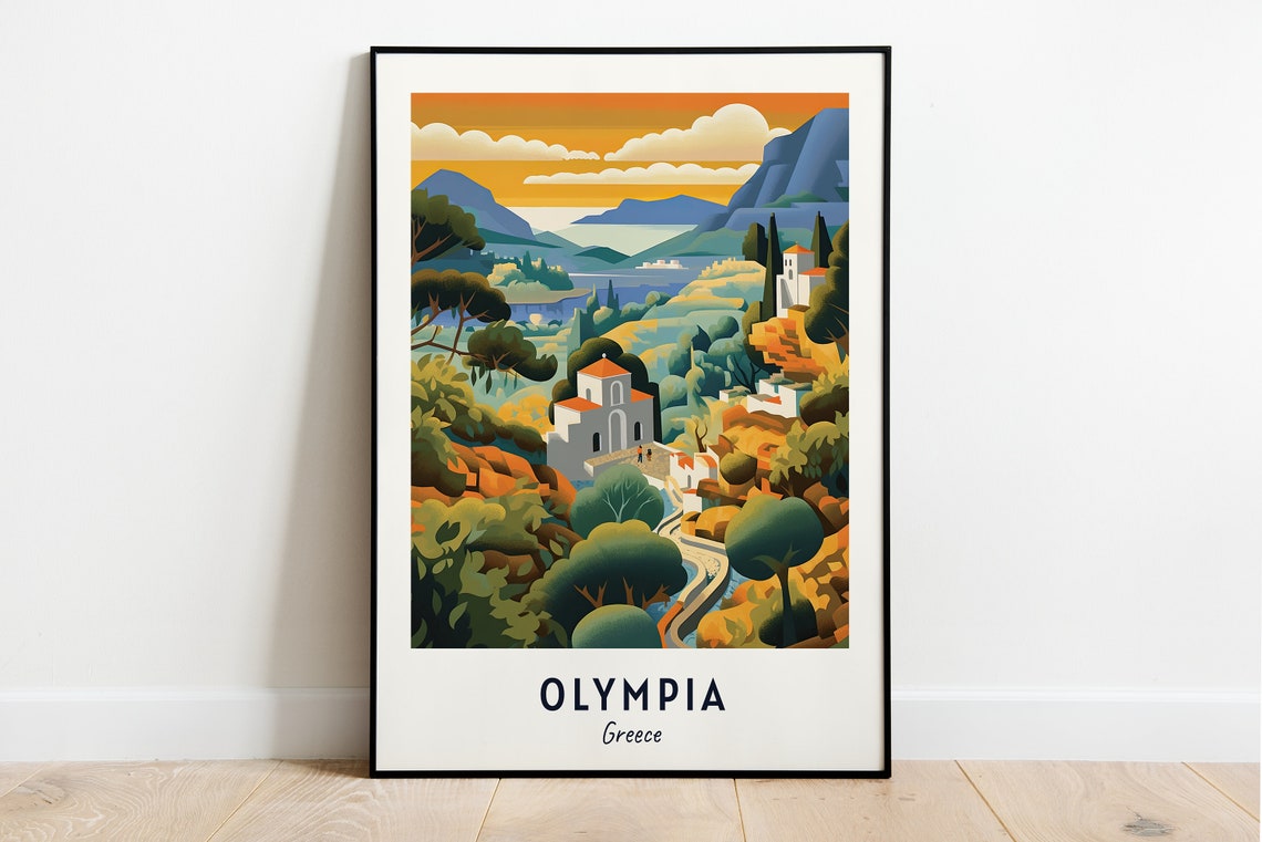 Hillside Village at Golden Sunset Olympia Greece Travel Poster