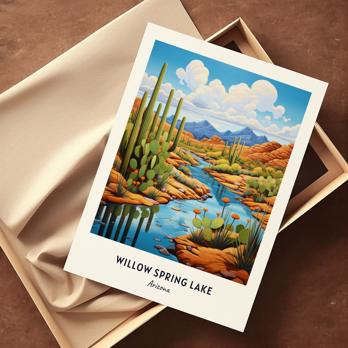 Willow Spring Lake Arizona Desert Cactus Stream Landscape Poster - Image 3