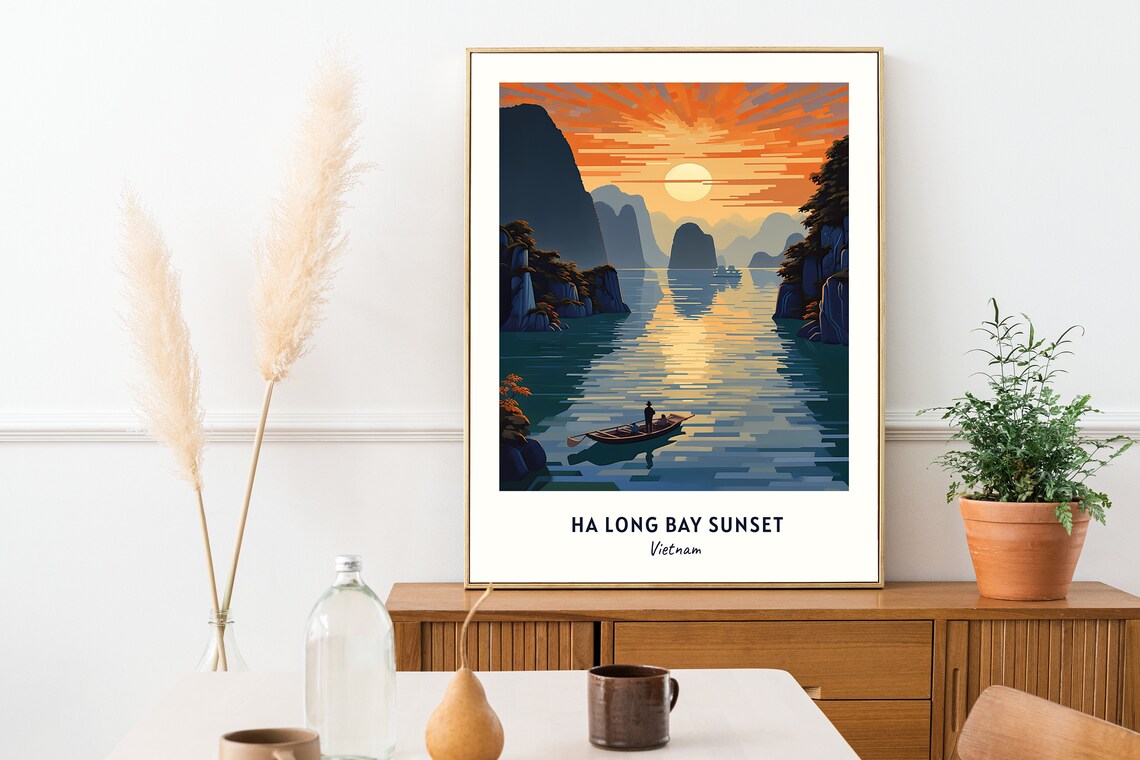 Ha Long Bay Sunset Vietnam Karst Bay Boat Scene Travel Poster - Image 2