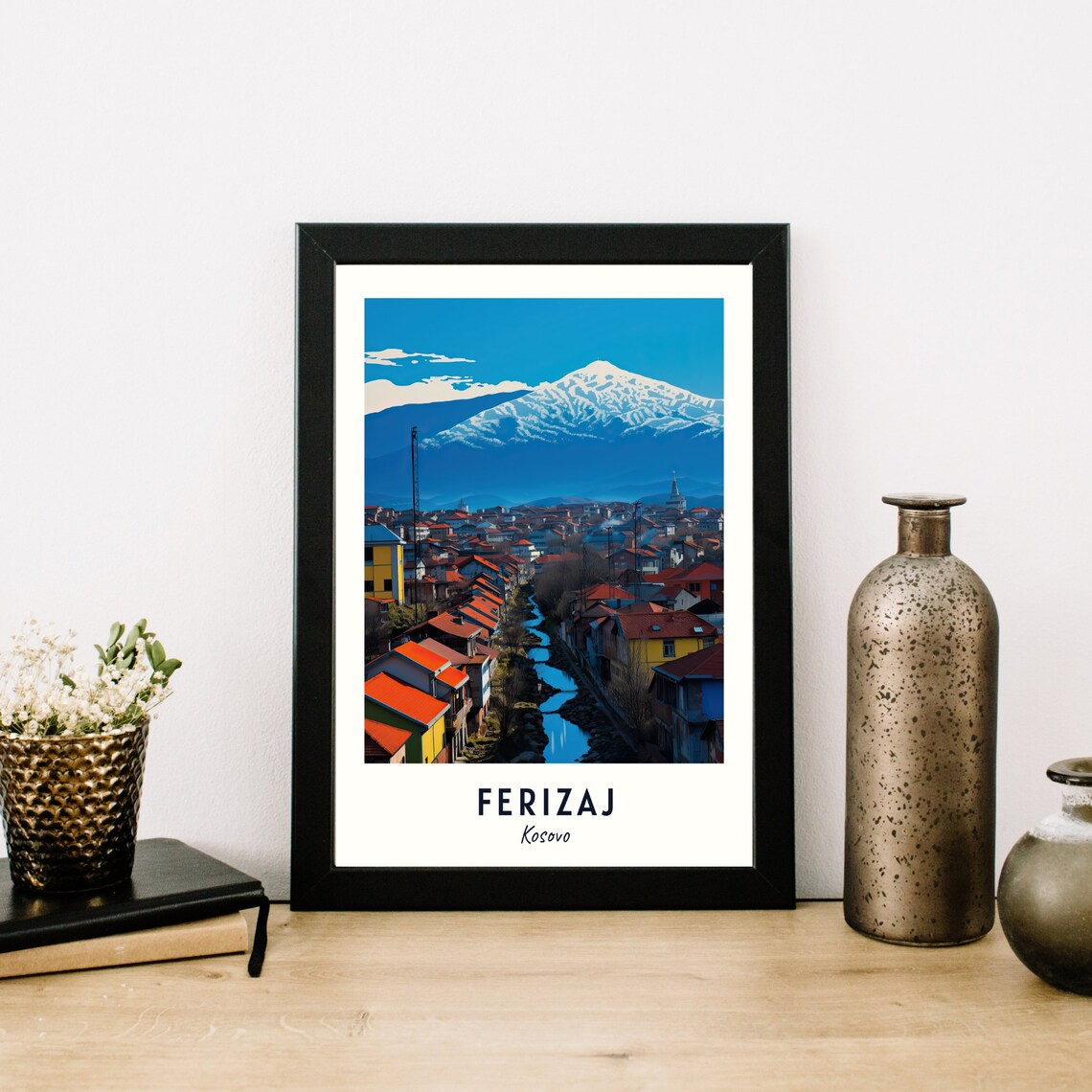 Ferizaj Kosovo City River Snowcapped Mountain View Travel Poster
