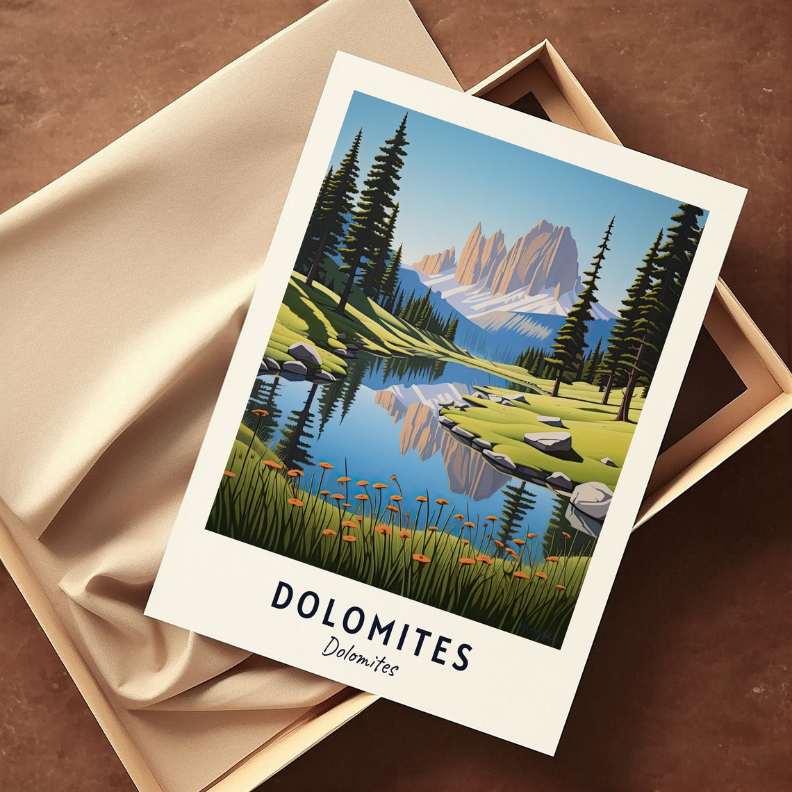 Dolomites Italy Alpine Lake Mirror Reflection Pine Peaks Poster - Image 3