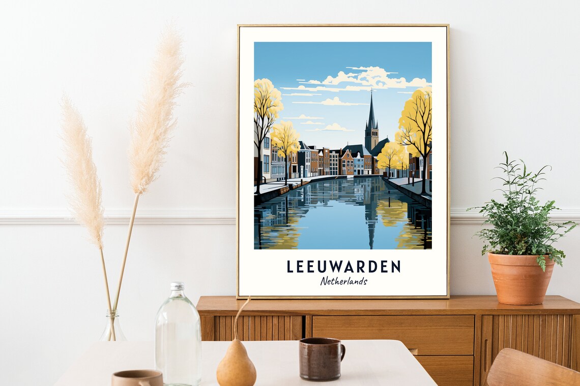 Leeuwarden Netherlands Canal Brick Town Church Spire View Poster - Image 2