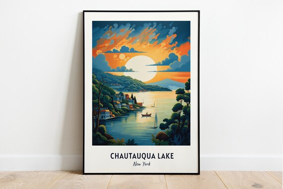 Chautauqua Lake New York Sunset Sailboats Lakeside Hills Scene Poster