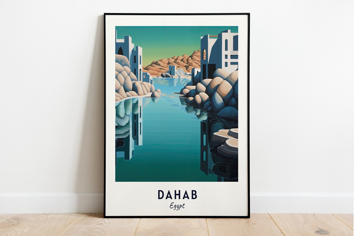 Dahab Turquoise Cove White Buildings Rocks Inlet Travel Poster