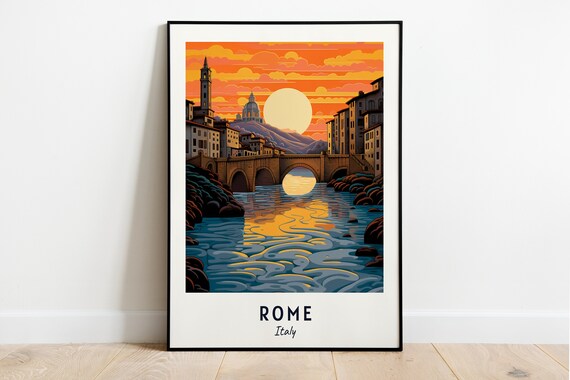 Rome Italy Old Stone Bridge River Sunset Domes View Travel Poster