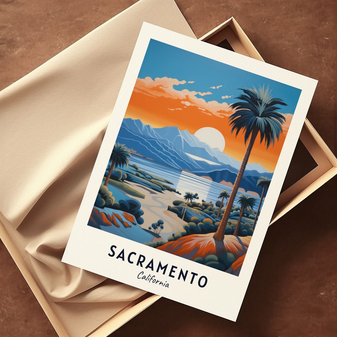 Sacramento California River Sunset Palms and Mountains Travel Poster - Image 3