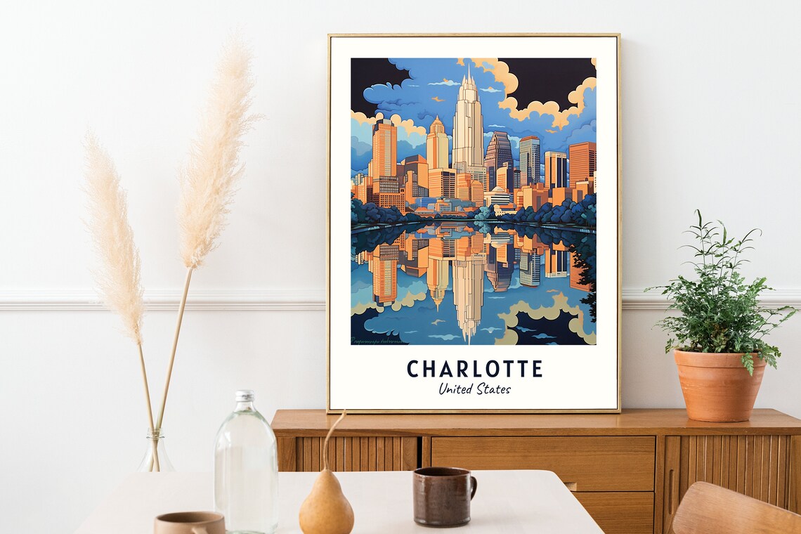 Charlotte United States Skyline Water Reflection Travel Poster - Image 2