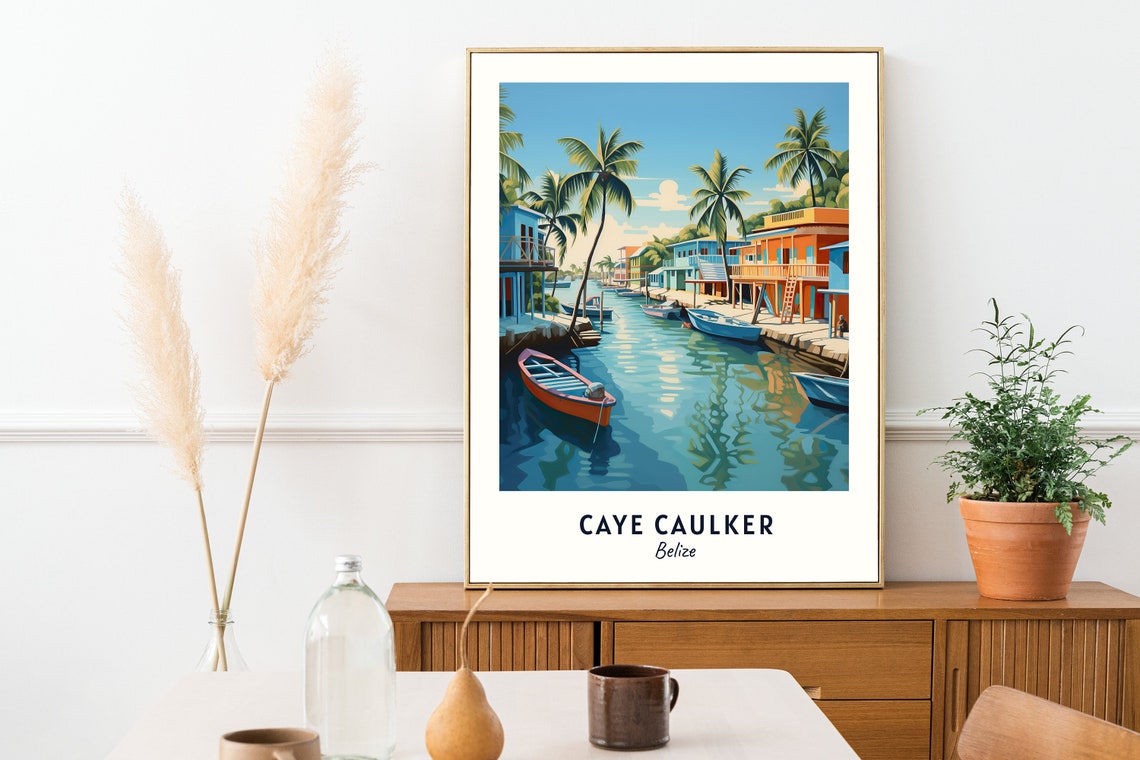 Caye Caulker Belize Canal Boats Colorful Waterfront Travel Poster - Image 2