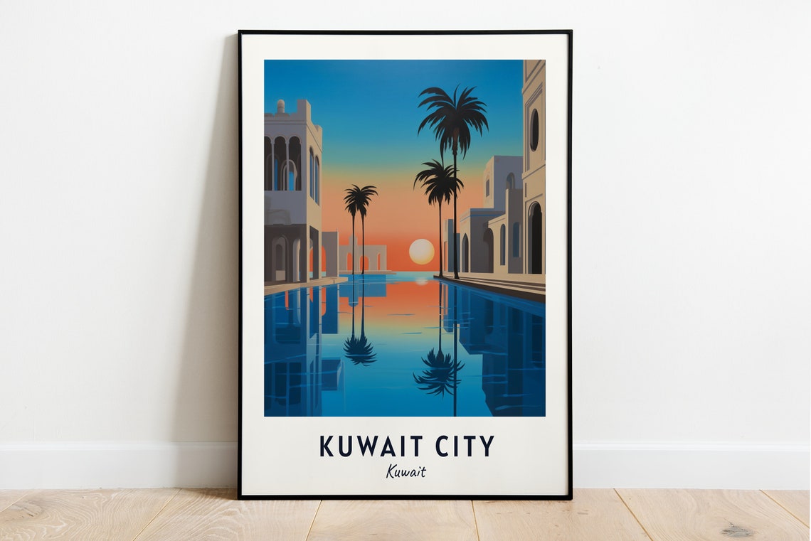 Kuwait City Sunset Canal Walkway Palms Reflection Travel Poster