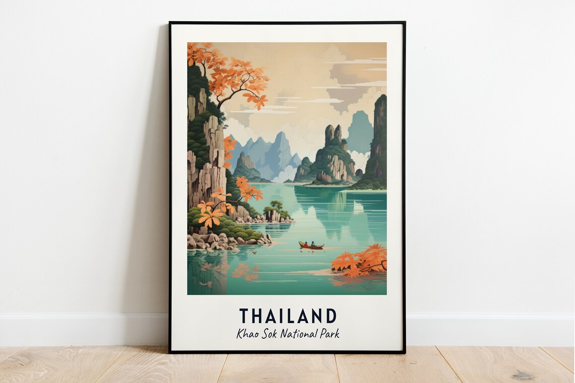 Thailand Khao Sok National Park Karst Lake Vintage Travel Poster