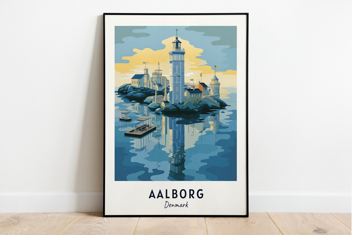 Tall White Tower on Rocky Island Water Reflection Aalborg Denmark Poster