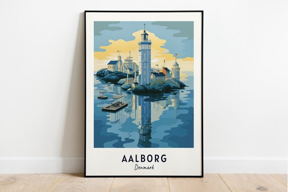Tall White Tower on Rocky Island Water Reflection Aalborg Denmark Poster