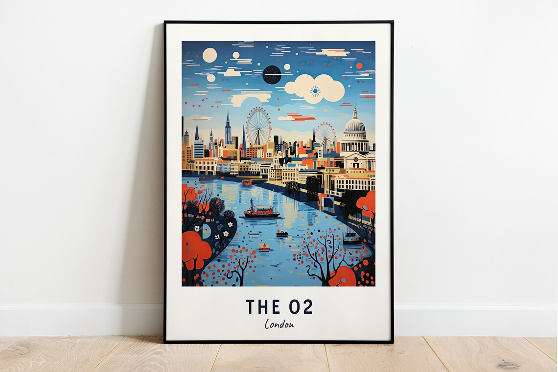The O2 London Illustrated Thames River Skyline Travel Poster