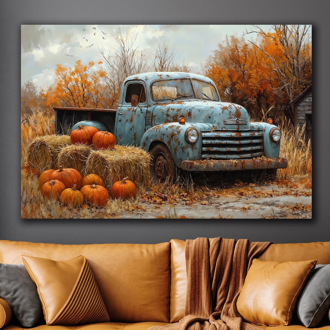 Rustic Blue Vintage Truck Autumn Harvest Poster Pumpkins Hay Fall Art