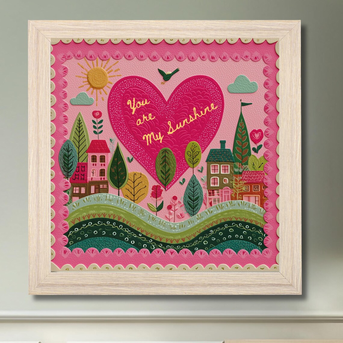 You Are My Sunshine Pink Heart Whimsical Folk Nursery Wall Art