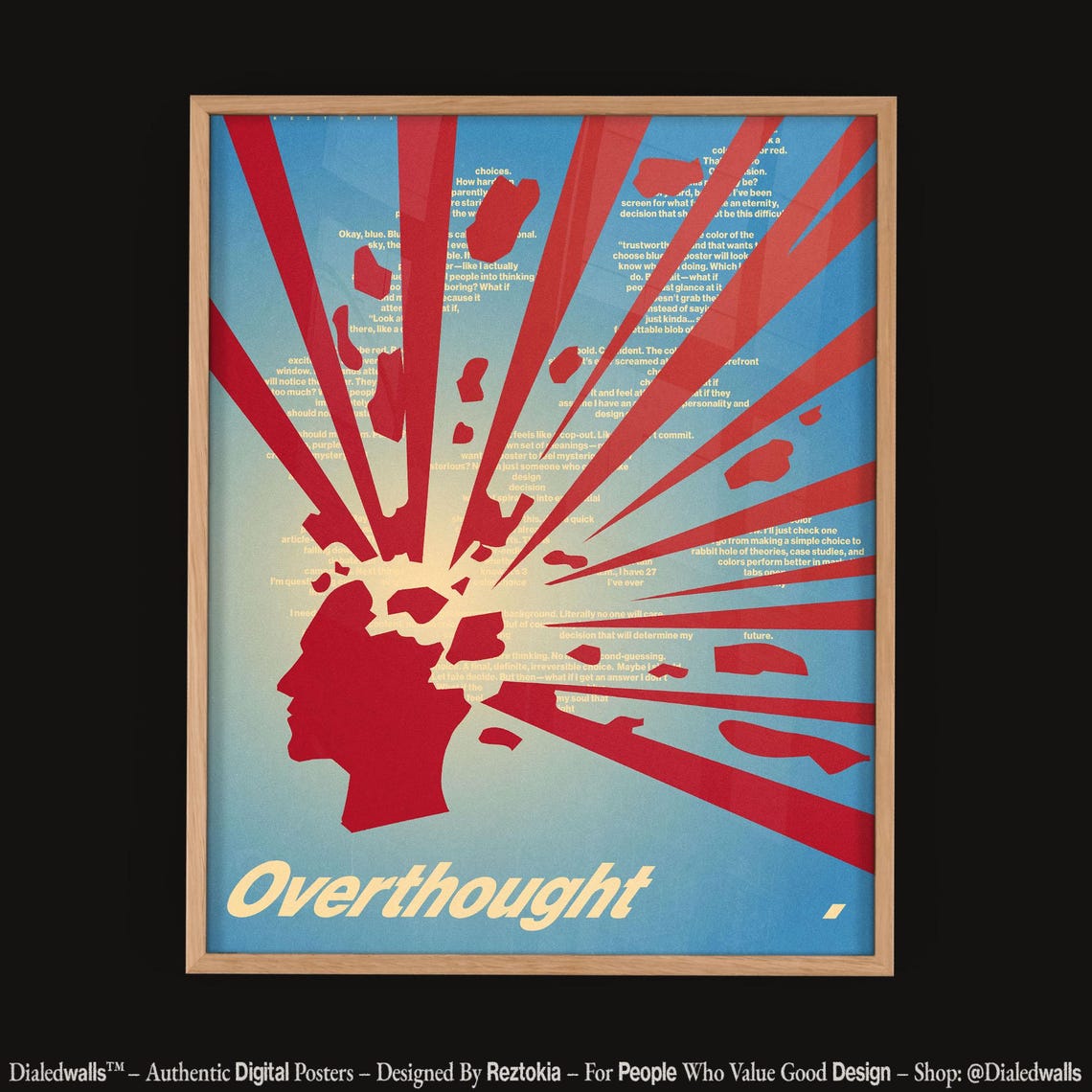 Overthought Exploding Red Head Silhouette Blue Retro Graphic Poster - Image 4