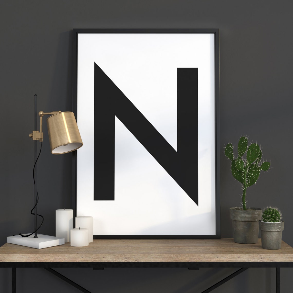 Letter N Black and White Scandinavian Minimalist Typography Poster