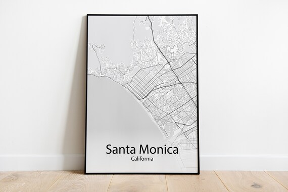 Santa Monica California Black and White Minimalist Street Map Poster