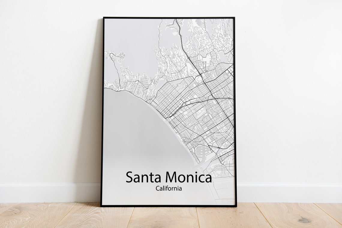 Santa Monica California Black and White Minimalist Street Map Poster